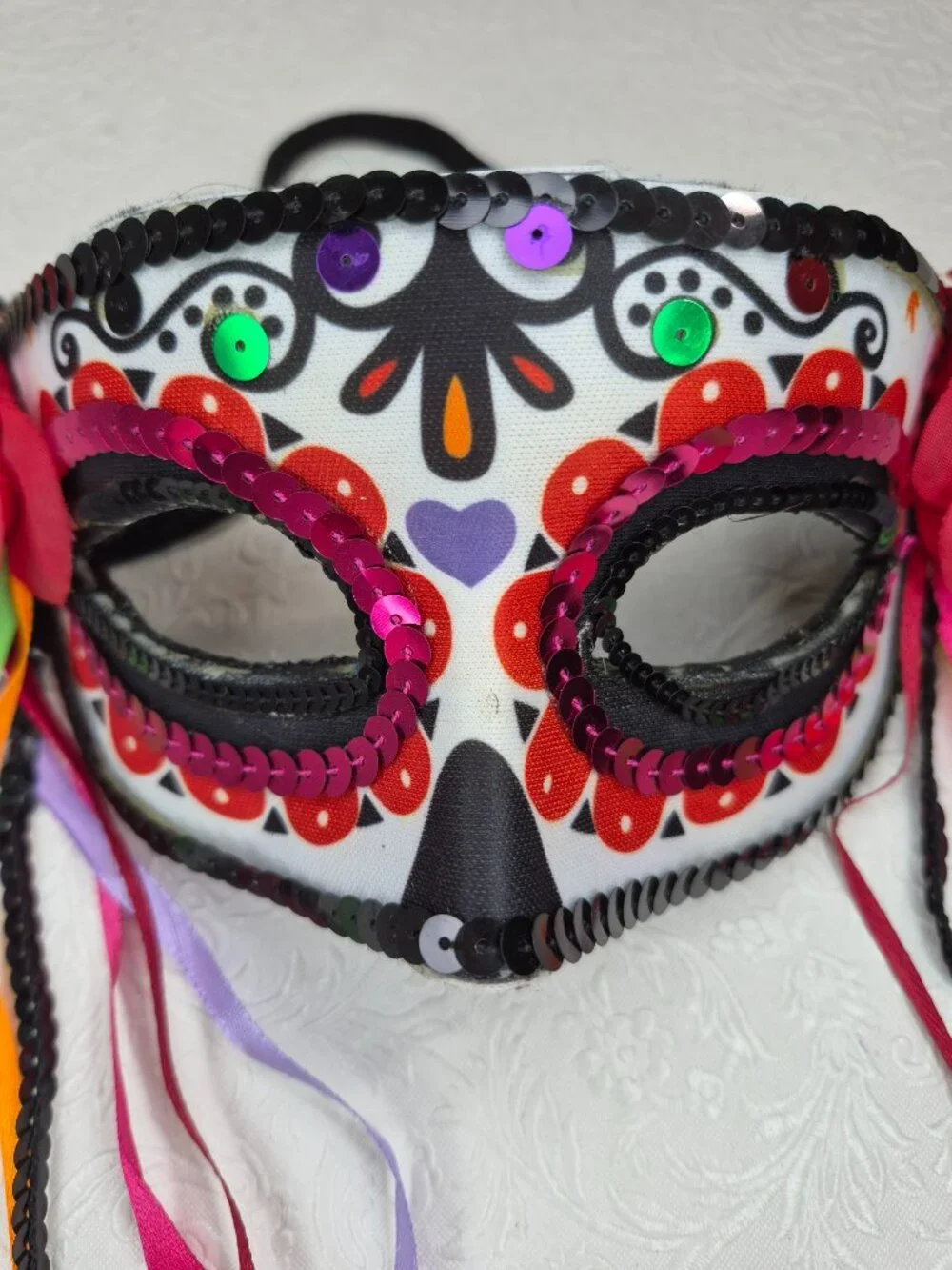 Adult Sequin Floral Halloween Masquerade Costume Mask Red Black Pink Streamers